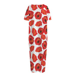Red Poppy Pattern Print Short Sleeve Long Nightdress