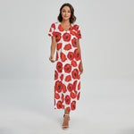 Red Poppy Pattern Print Short Sleeve Maxi Dress