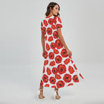 Red Poppy Pattern Print Short Sleeve Maxi Dress