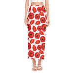 Red Poppy Pattern Print Side Slit Maxi Skirt
