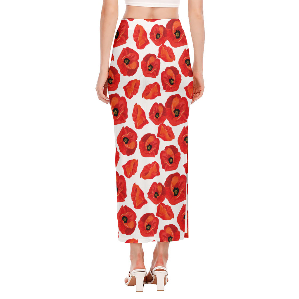Red Poppy Pattern Print Side Slit Maxi Skirt
