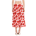 Red Poppy Pattern Print Side Slit Midi Skirt