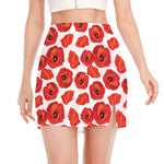 Red Poppy Pattern Print Side Slit Mini Skirt