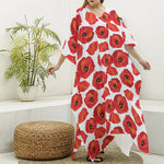 Red Poppy Pattern Print Silk V-Neck Kaftan Dress