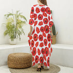 Red Poppy Pattern Print Silk V-Neck Kaftan Dress