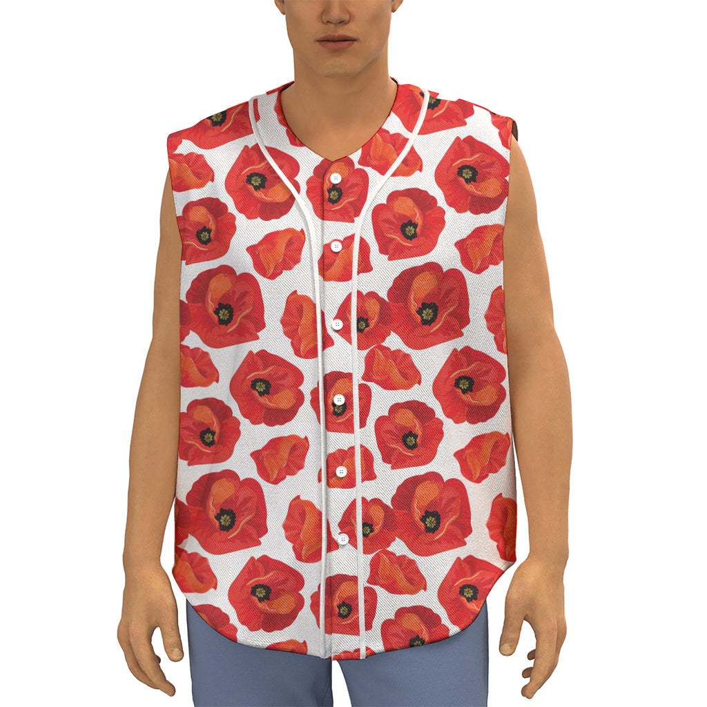 Red Poppy Pattern Print Sleeveless Baseball Jersey