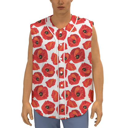 Red Poppy Pattern Print Sleeveless Baseball Jersey