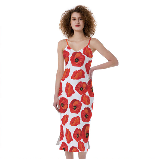 Red Poppy Pattern Print Slim Fit Midi Cami Dress