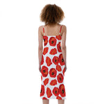 Red Poppy Pattern Print Slim Fit Midi Cami Dress