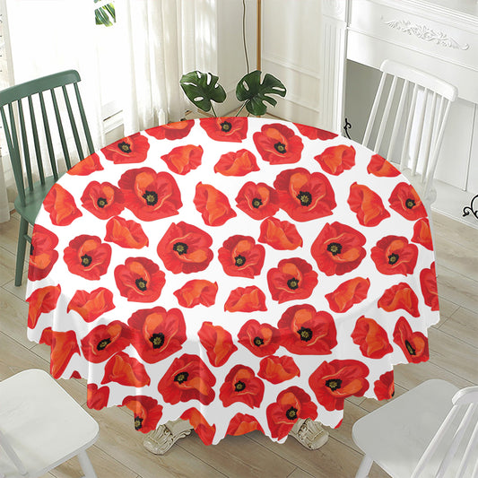 Red Poppy Pattern Print Waterproof Round Tablecloth