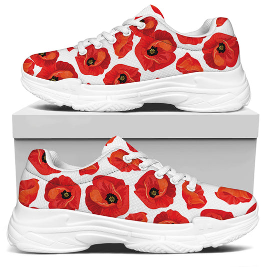 Red Poppy Pattern Print White Chunky Shoes