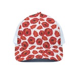 Red Poppy Pattern Print White Mesh Trucker Cap