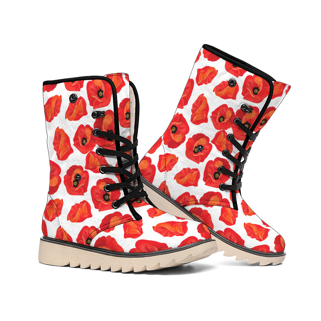 Red Poppy Pattern Print Winter Boots