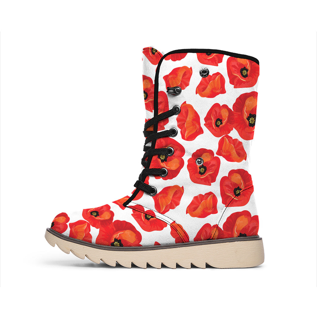 Red Poppy Pattern Print Winter Boots