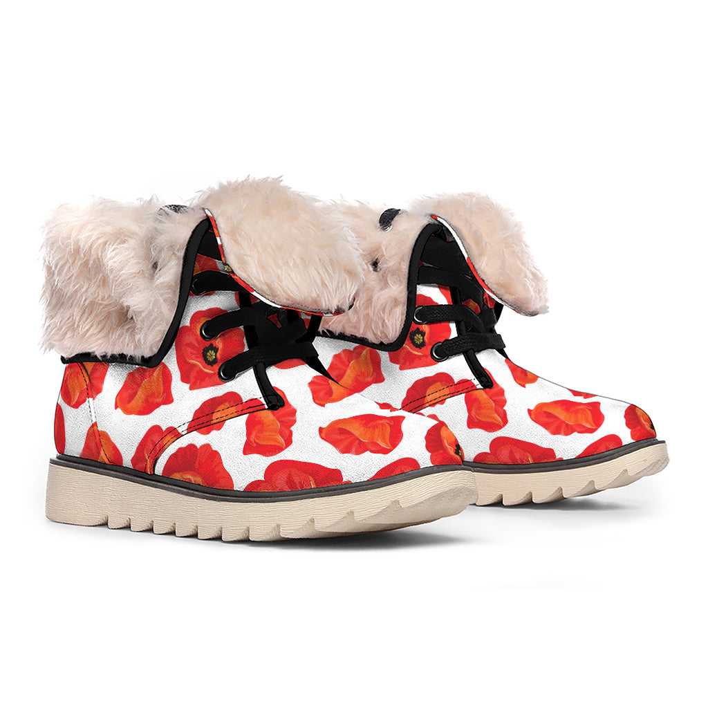 Red Poppy Pattern Print Winter Boots