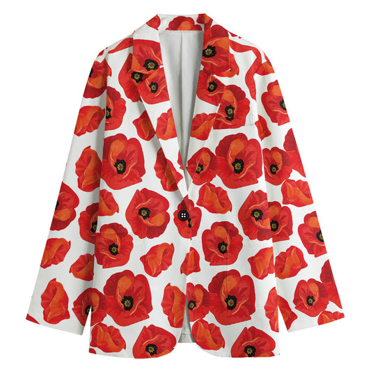 Red Poppy Pattern Print Women's Blazer