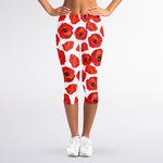 Red Poppy Pattern Print Women's Capri Leggings