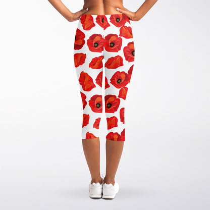 Red Poppy Pattern Print Women's Capri Leggings