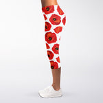 Red Poppy Pattern Print Women's Capri Leggings