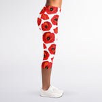 Red Poppy Pattern Print Women's Capri Leggings