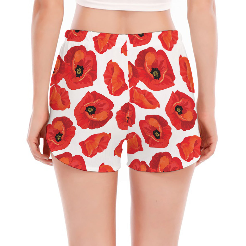 Red Poppy Pattern Print Women's Split Running Shorts