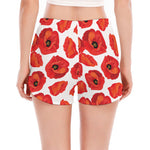 Red Poppy Pattern Print Women's Split Running Shorts