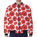 Red Poppy Pattern Print Zip Sleeve Bomber Jacket