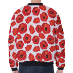 Red Poppy Pattern Print Zip Sleeve Bomber Jacket