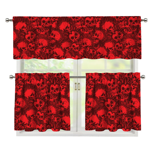 Red Punk Skull Pattern Print 3 Piece Kitchen Curtains