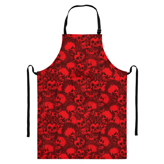 Red Punk Skull Pattern Print Bib Apron With Pocket