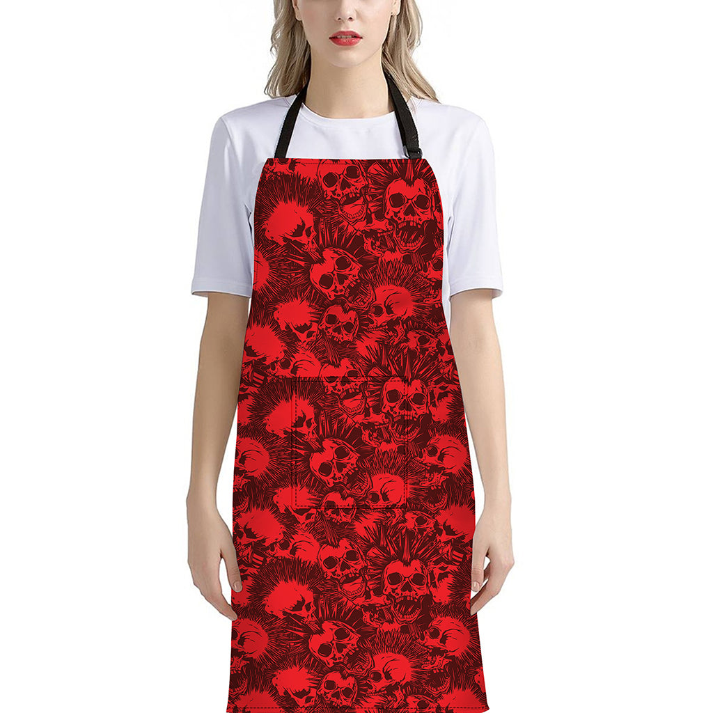 Red Punk Skull Pattern Print Bib Apron With Pocket
