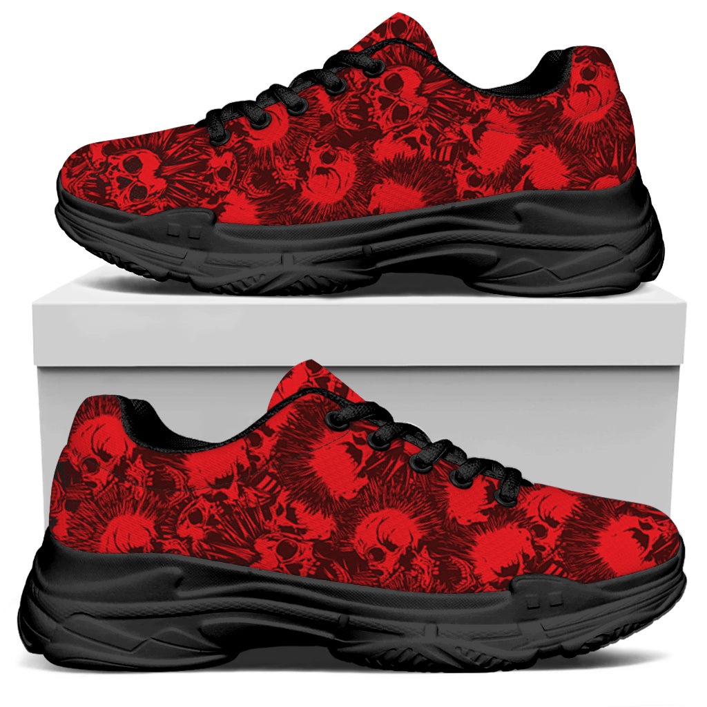Red Punk Skull Pattern Print Black Chunky Shoes