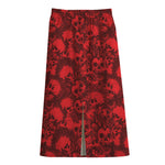 Red Punk Skull Pattern Print Cotton Front Slit Maxi Skirt