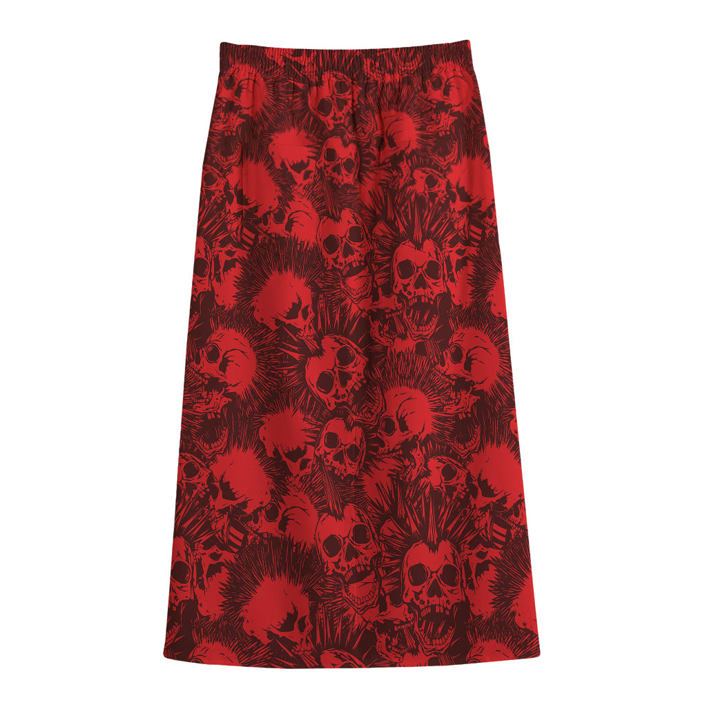 Red Punk Skull Pattern Print Cotton Front Slit Maxi Skirt
