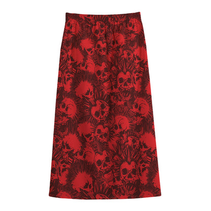 Red Punk Skull Pattern Print Cotton Front Slit Maxi Skirt