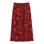 Red Punk Skull Pattern Print Cotton Front Slit Maxi Skirt