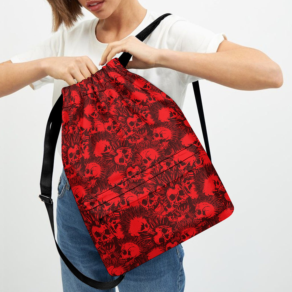 Red Punk Skull Pattern Print Drawstring Backpack