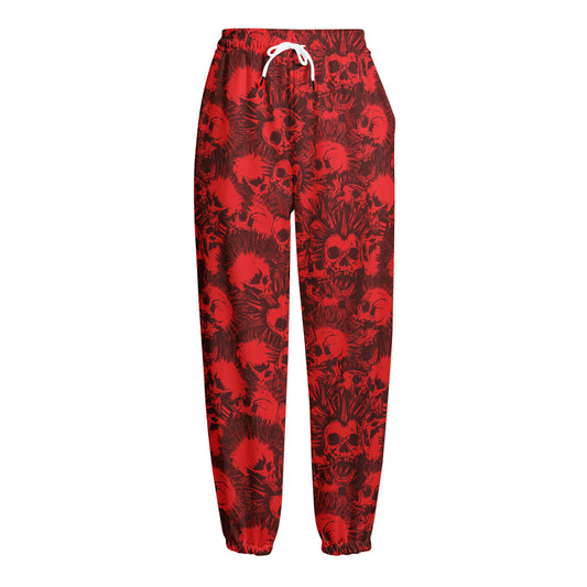 Red Punk Skull Pattern Print Fleece Lined Knit Pants