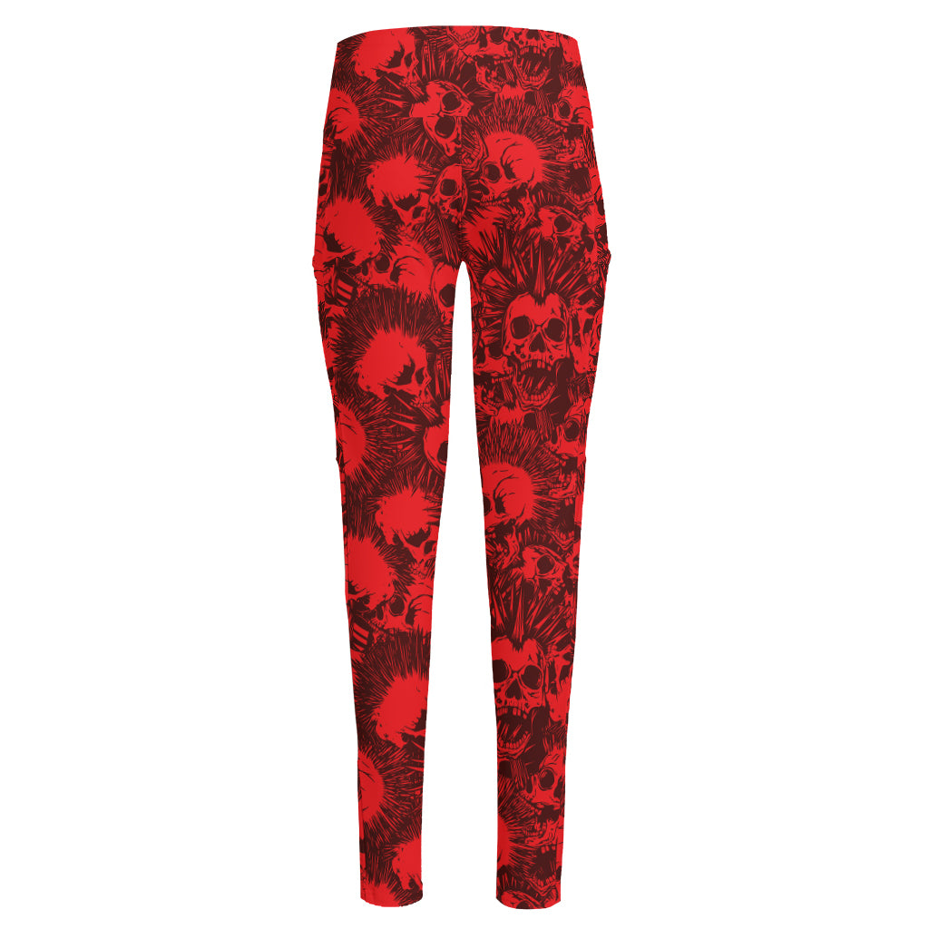 Red Punk Skull Pattern Print High-Waisted Pocket Leggings