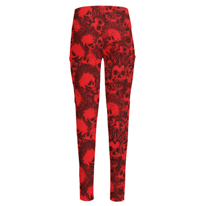 Red Punk Skull Pattern Print High-Waisted Pocket Leggings