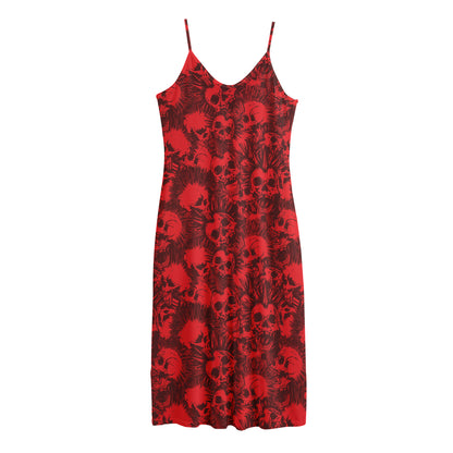 Red Punk Skull Pattern Print Jersey Midi Cami Dress