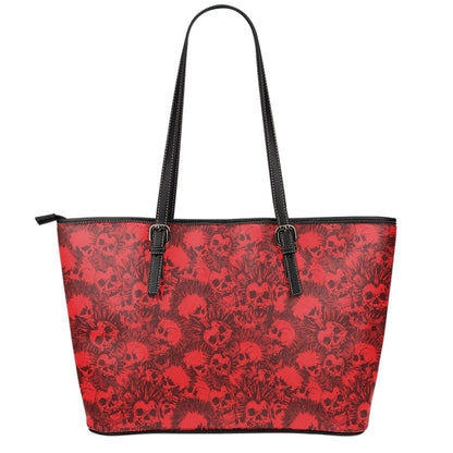 Red Punk Skull Pattern Print Leather Tote Bag