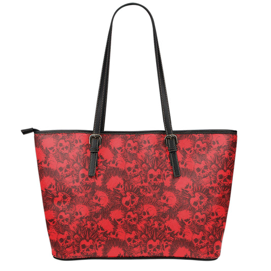 Red Punk Skull Pattern Print Leather Tote Bag