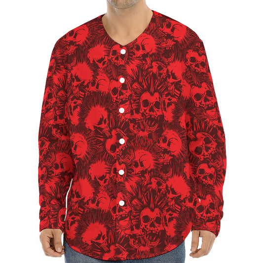 Red Punk Skull Pattern Print Long Sleeve Baseball Jersey