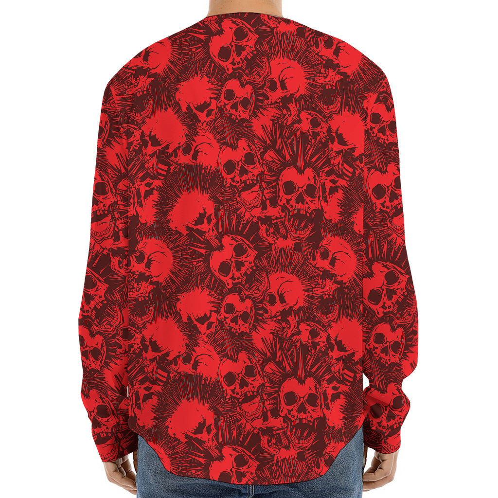 Red Punk Skull Pattern Print Long Sleeve Baseball Jersey