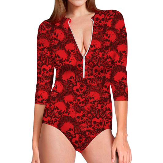 Red Punk Skull Pattern Print Long Sleeve Swimsuit
