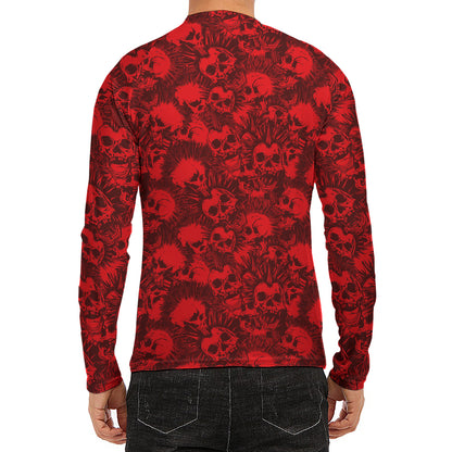 Red Punk Skull Pattern Print Men's Long Sleeve Rash Guard