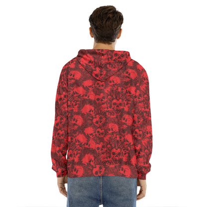Red Punk Skull Pattern Print Men's Velvet Pullover Hoodie