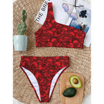 Red Punk Skull Pattern Print One Shoulder Bikini Top