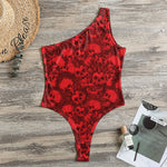 Red Punk Skull Pattern Print One Shoulder Bodysuit